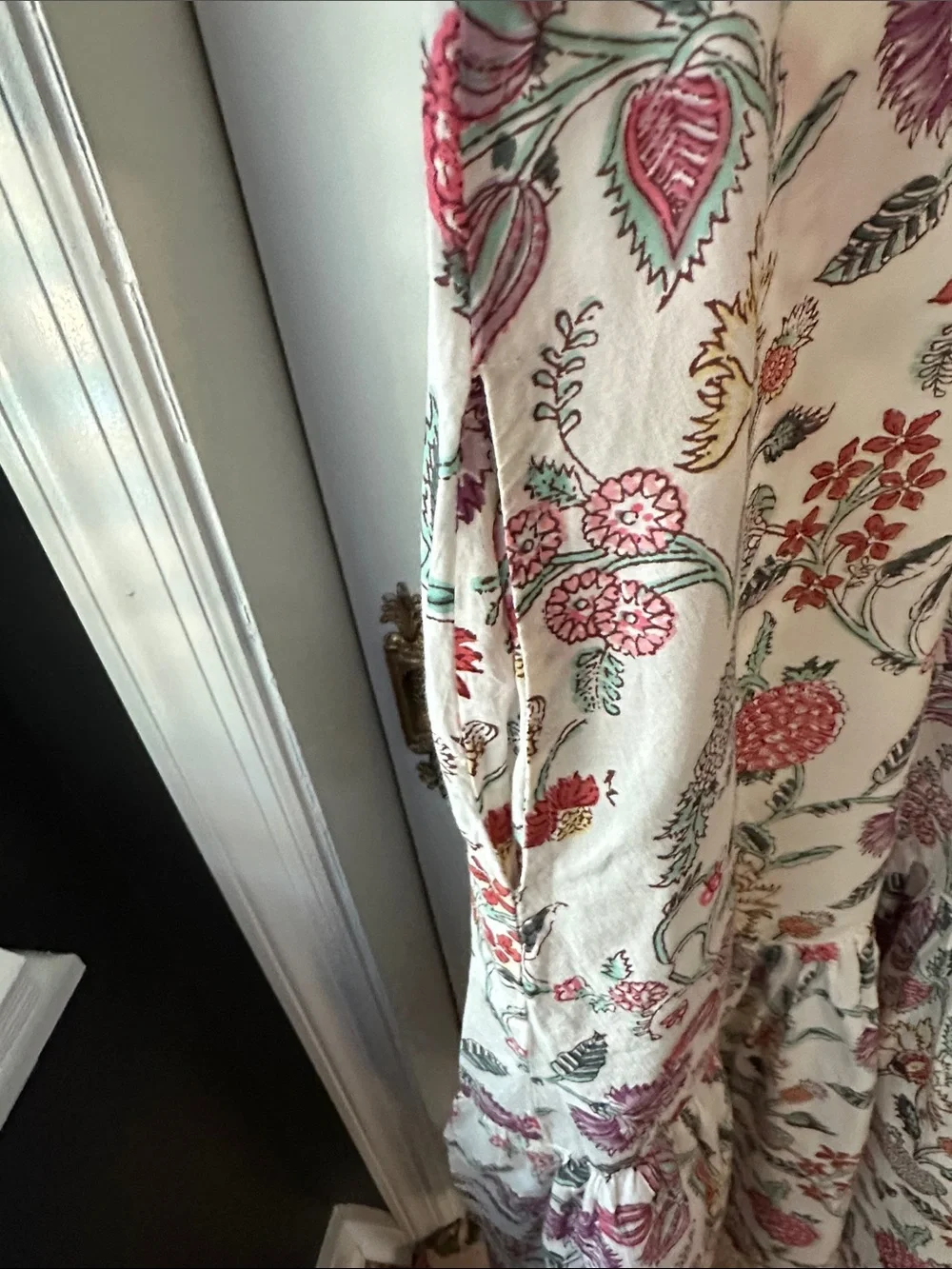 Beautiful Floral White Cotton Maxi Dress with Ruffle Sleeves and hem.